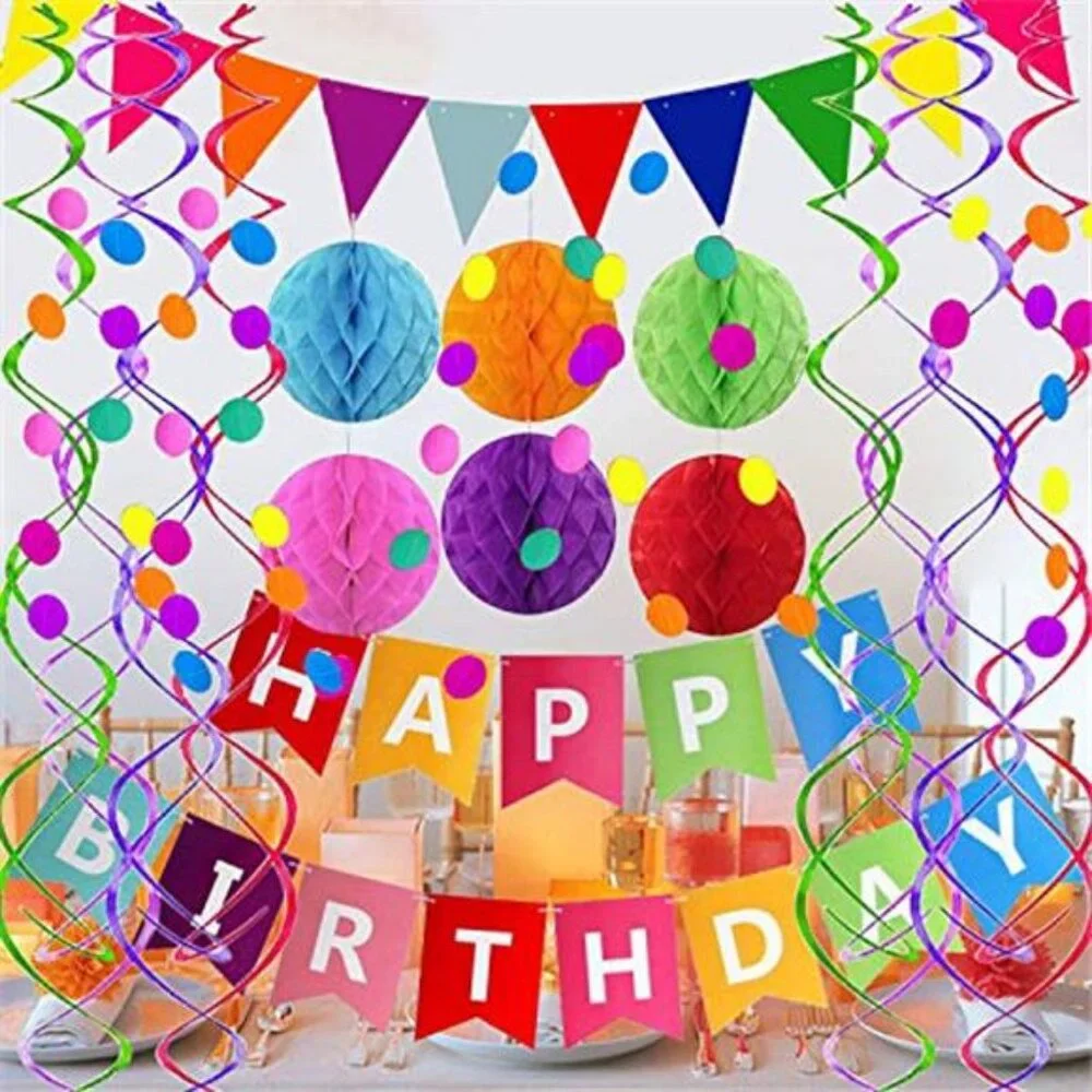 Happy Birthday Banner With Colorful Paper Flag Bunting Paper Circle